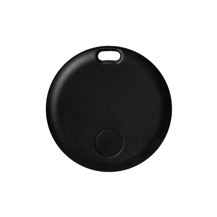 SeekTag Factory Direct - A round black tag with a central button and a top handle, featuring a smooth texture and a branding logo.
