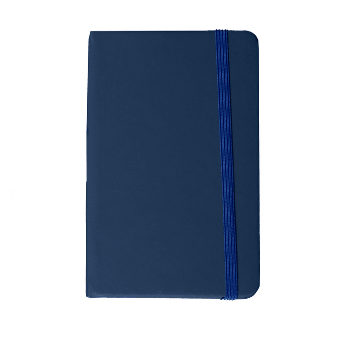 Minichroma A6 Notebook - A navy blue A6 notebook with a ribbon band and a logo on the cover.