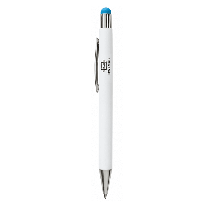 Vitra Pen - A white pen with a blue top and a silver clip, featuring a logo on the body.