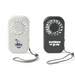Mini Pocket Fan - A mini pocket fan in black and white, each with a wrist strap and decorative branding.