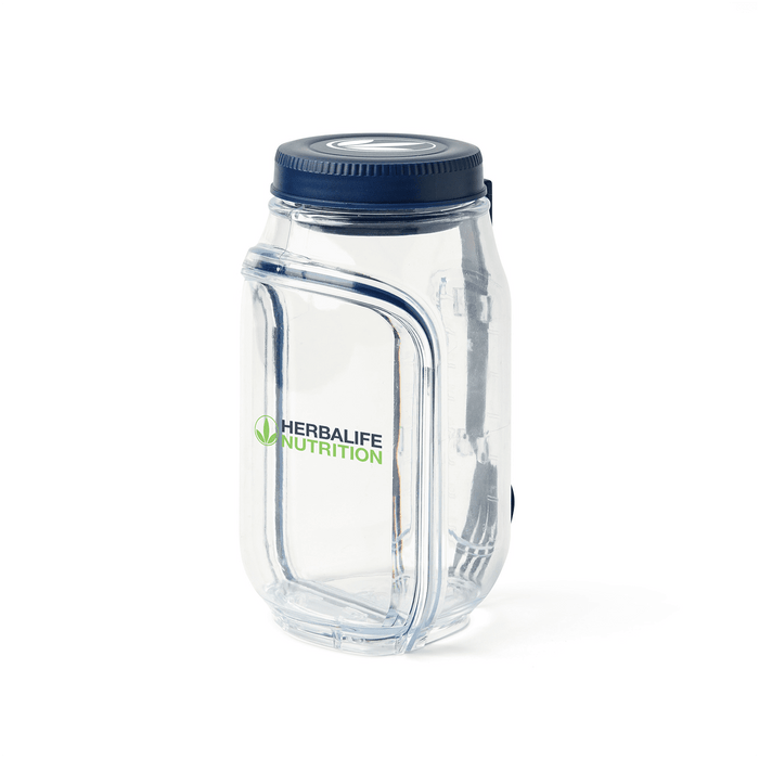 Go Salad Jar - A clear salad jar with a blue lid and a fork attached, featuring a logo on the front.