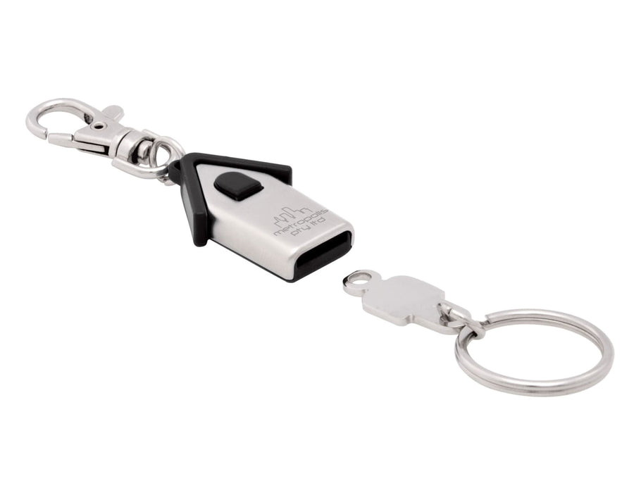 Housekeeper Keyring - A silver keyring shaped like a house, featuring a clip and a detachable keyring.