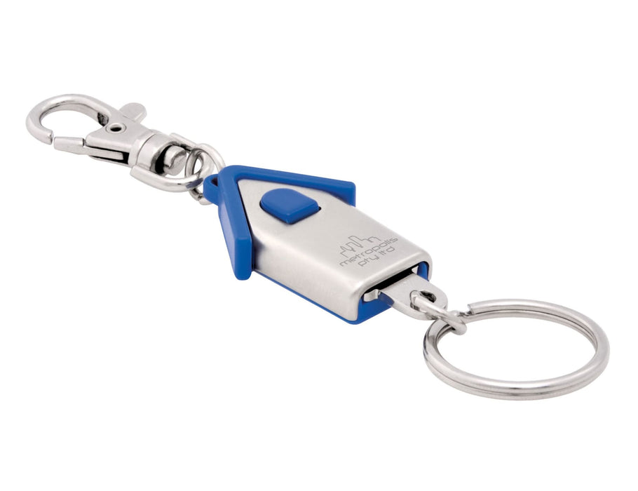 Housekeeper Keyring - A keyring featuring a house-shaped design in silver and blue, with a metal clip and keyring attachment.