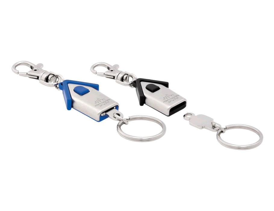 Housekeeper Keyring - A keyring featuring a house-shaped design with blue and black components, including a metal clip and keyring attachment.