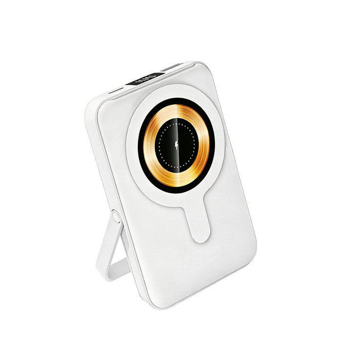 10000mAh Magnetic Wireless  Power Bank with Phone Stand - A white 10,000mAh magnetic wireless power bank featuring a phone stand and a circular design.
