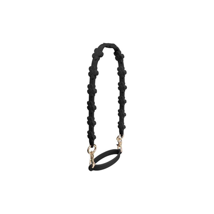 Silicone Flower Tumbler Strap - A drink bottle strap in black silicone with flower details and gold clips. Suitable for carrying tumblers easily.