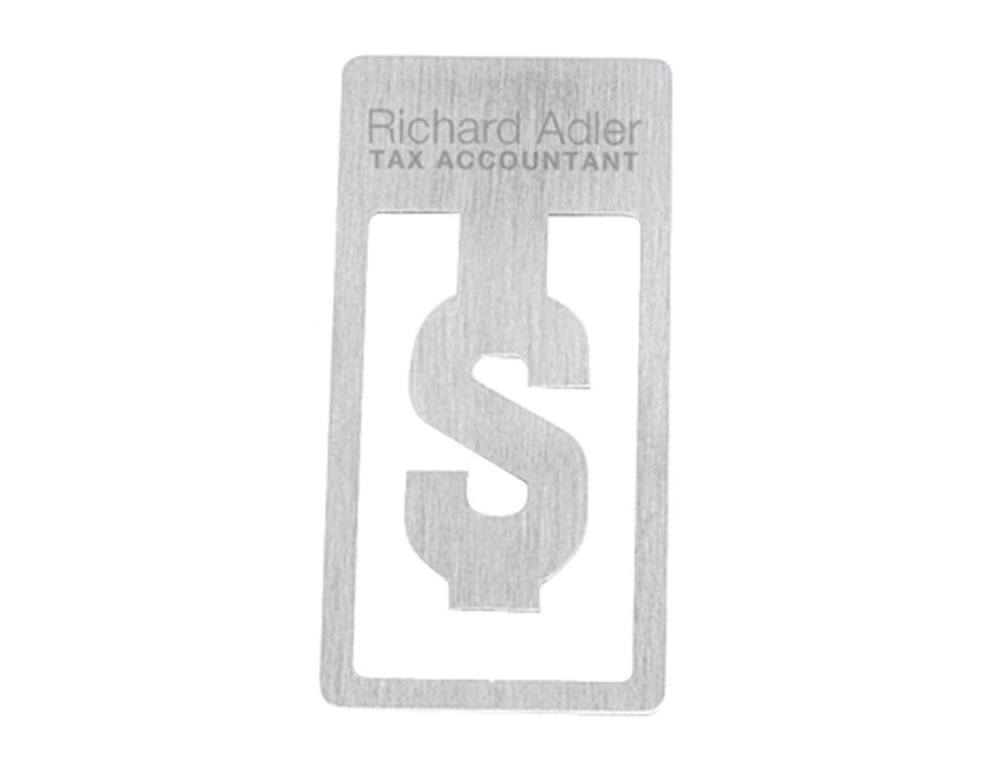 Biz Clip - Dollar (Replaced by Indent C4753-EI) - A metal business card featuring a dollar sign cutout, with engraved text and lines, in a silver finish.