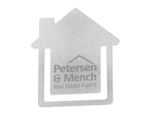 Biz Clip - House (Replaced by Indent C4754-EI) - A metallic business card holder shaped like a house with a logo and branding on the surface.