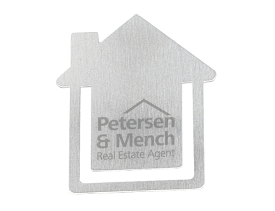 Biz Clip - House (Replaced by Indent C4754-EI) - A metallic business card holder shaped like a house with a logo and branding on the surface.