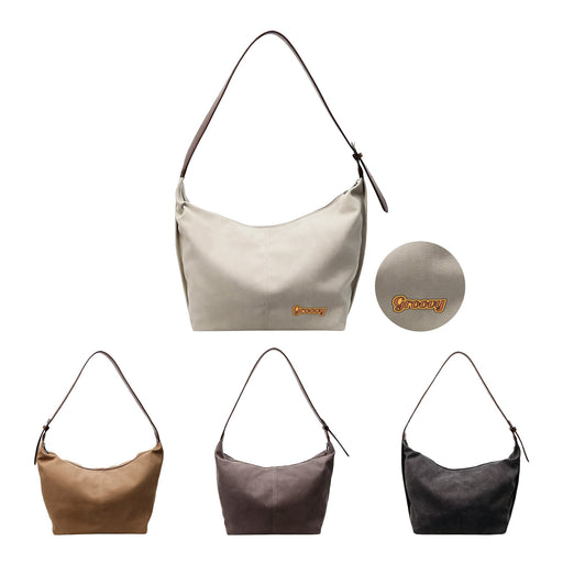 Dumpling Canvas Tote Bag - A canvas tote bag in cream, brown, grey, and black, featuring a logo. It has a shoulder strap for easy carrying.