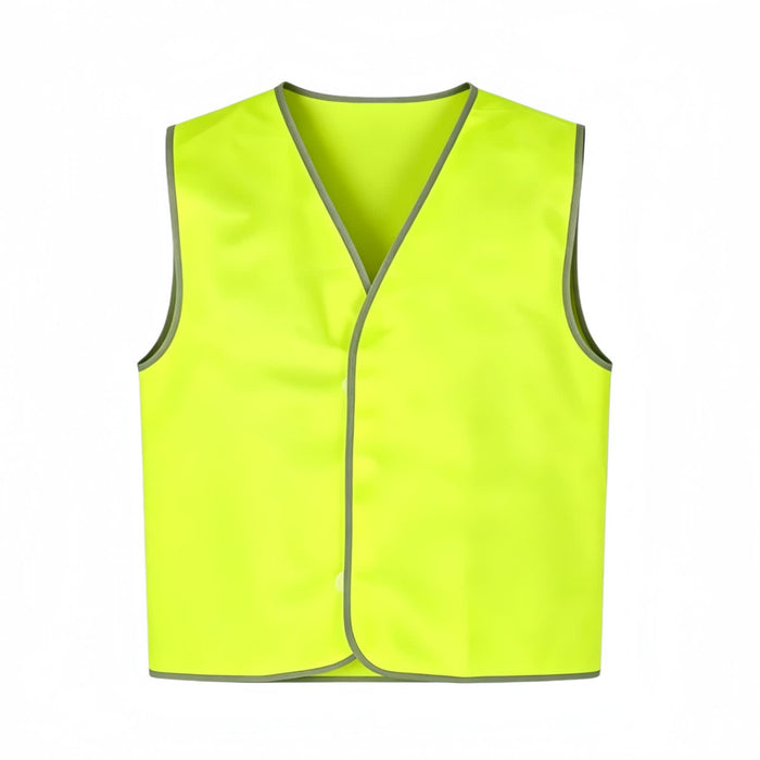 Hi-Vis Reflective Trim Velcro Placket Safety Vest - Hi-Vis reflective trim vest in bright yellow, featuring a Velcro placket. It has a simple, sleeveless design.
