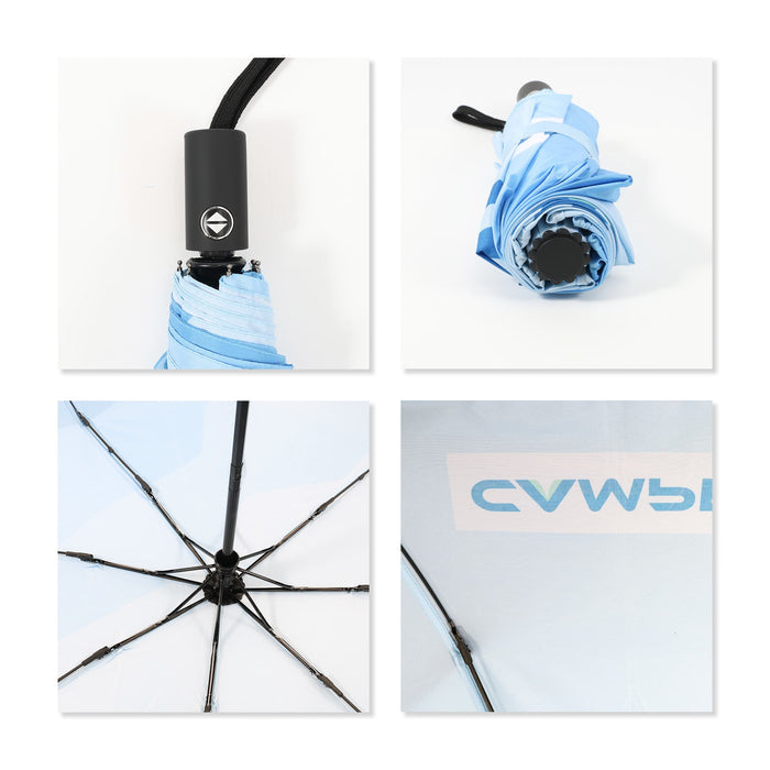 Anti-rebound Folding Umbrella - An anti-rebound folding umbrella in light blue with a compact design and a logo on the handle. Features an open canopy view.