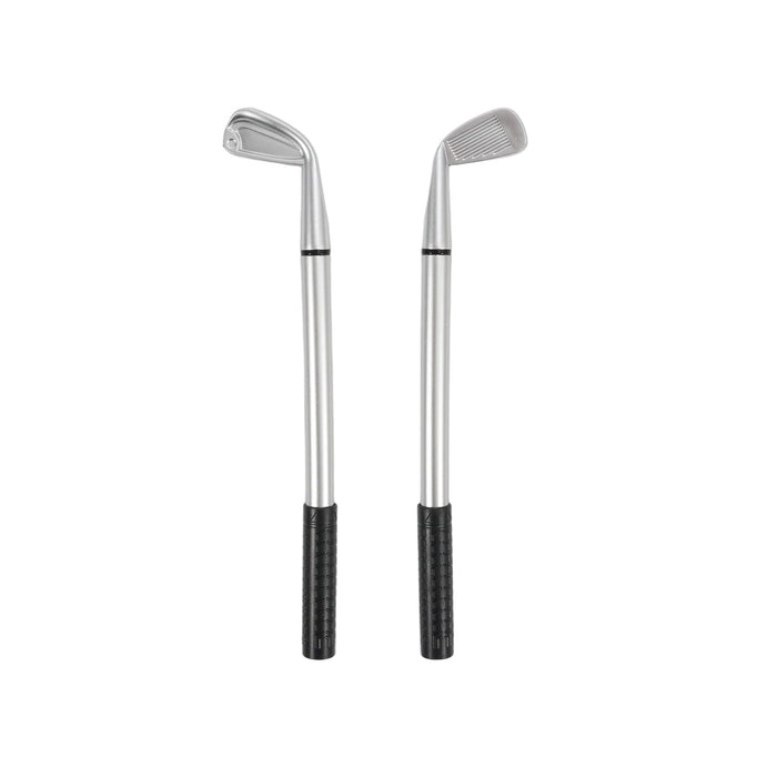 Golf Pen - Two silver golf clubs with black grips, featuring distinct club head designs. The image also includes a logo.