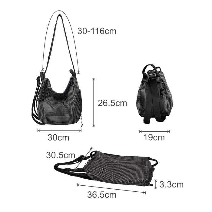Convertible Lightweight Backpack Duffel Bag - A lightweight black and white check patterned convertible backpack duffel bag with adjustable straps and various dimensions.