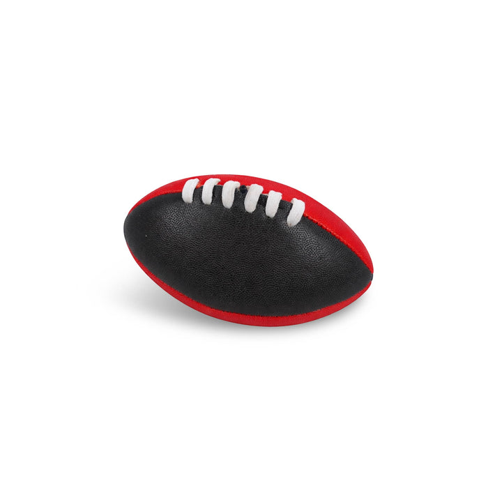Mini Aussie Rules Ball - A Mini Aussie Rules ball in black and red with white stitching, featuring a logo on its surface.
