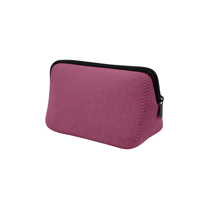 Neoprene Cosmetic Bag - A pink neoprene cosmetic bag with a black zipper and stitched detailing. It has a smooth, soft texture.