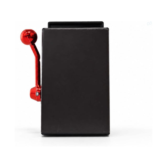 777 Slot Machine Fridge Magnet with Sharpener - A black fridge magnet designed as a slot machine with a red lever on the side. It includes a built-in sharpener.