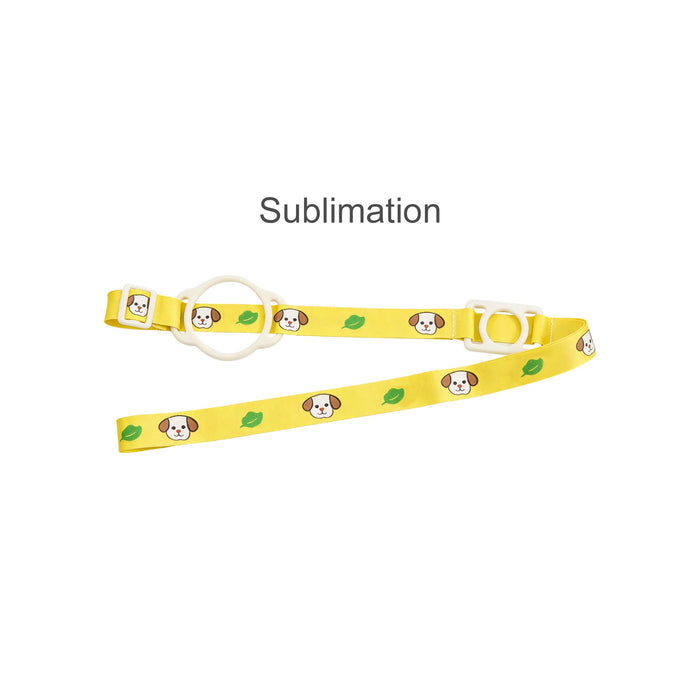 2 in 1 Water Bottle Lanyard - A drink bottle lanyard in yellow with a playful dog design, featuring two adjustable clips for attachment.
