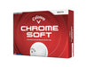 Callaway Golf Chrome Soft Golf Balls - 2026 Model - 3 Ball Sleeves - A box of white Callaway Chrome Soft golf balls, featuring three ball sleeves and branding with a logo.