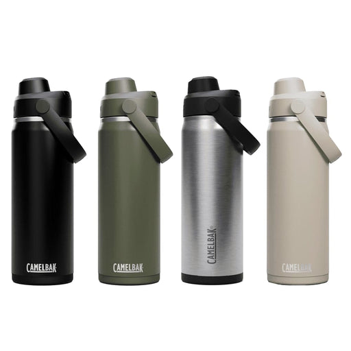 CamelBak - Thrive Chug VSS 0.6L - A drink bottle collection featuring black, olive green, silver, and beige options, each with a flip-top lid and carrying handle.