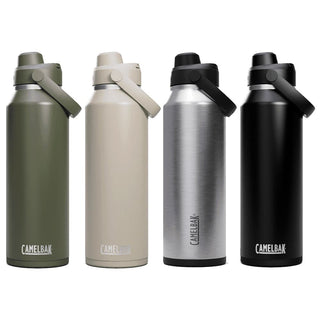 CamelBak - Thrive Chug VSS 1.2L - A drink bottle featuring four variations: olive green, beige, stainless steel, and black, each with a logo.