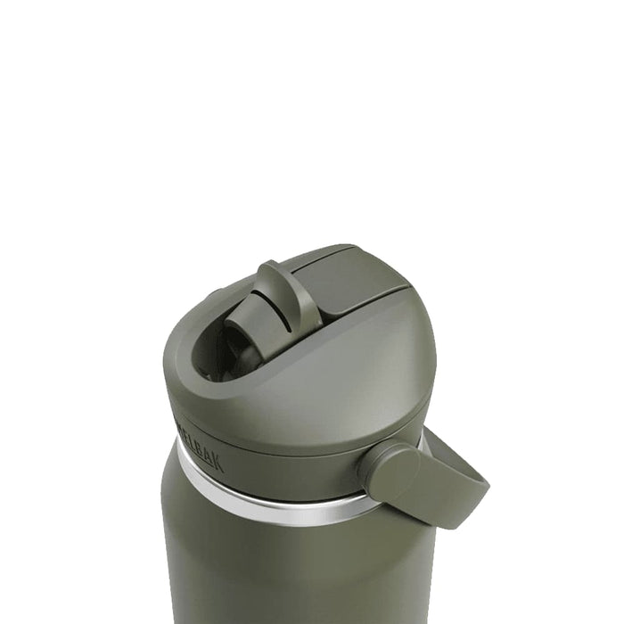CamelBak - Thrive Flip Straw VSS 1.0L - A drink bottle in dark green featuring a flip straw and a silver accent around the top, with a logo on the side.