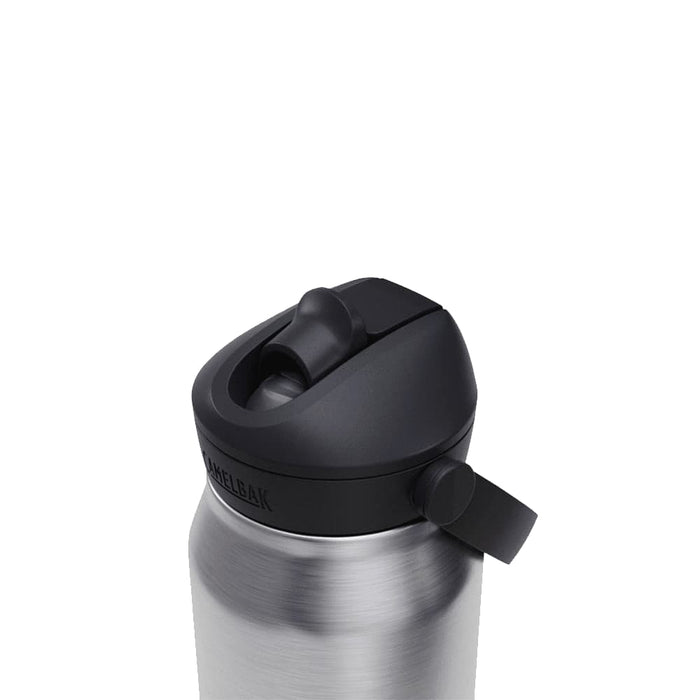 CamelBak - Thrive Flip Straw VSS 1.0L - A drink bottle with a stainless steel body and a black flip straw lid, featuring an attached handle.
