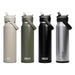 CamelBak - Thrive Flip Straw VSS 1.0L - A drink bottle in four colours: beige, olive green, black, and stainless steel, featuring a flip straw and branding.