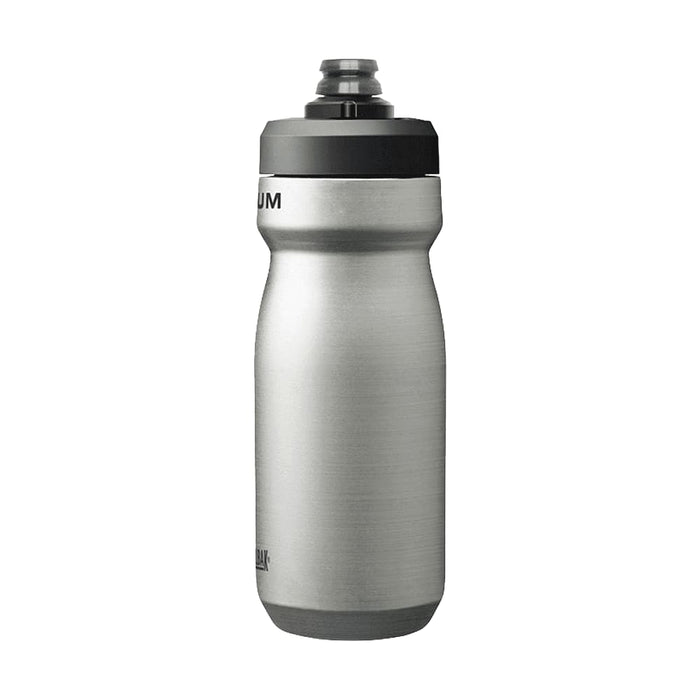 CamelBak - Podium Insulated Steel 0.5L - A drink bottle in stainless steel, featuring a black lid and a logo. It's insulated and has a capacity of 0.5L.