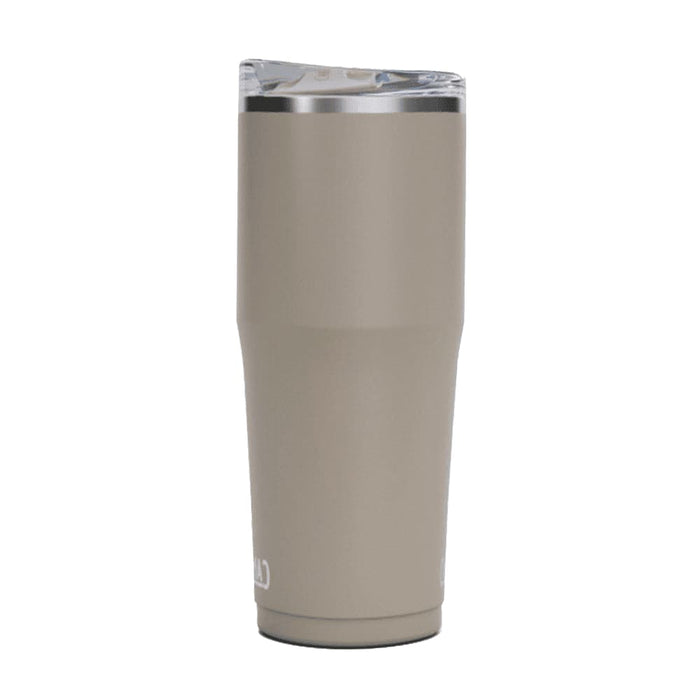 CamelBak - Thrive Tumbler VSS 0.6L - A drink bottle in a matte beige colour with a metal lid and a clear plastic top. It features a logo.