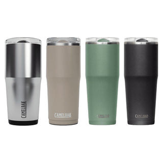 CamelBak - Thrive Tumbler VSS 0.6L - A drink bottle set featuring four tumblers in silver, beige, green, and black, each with a logo.