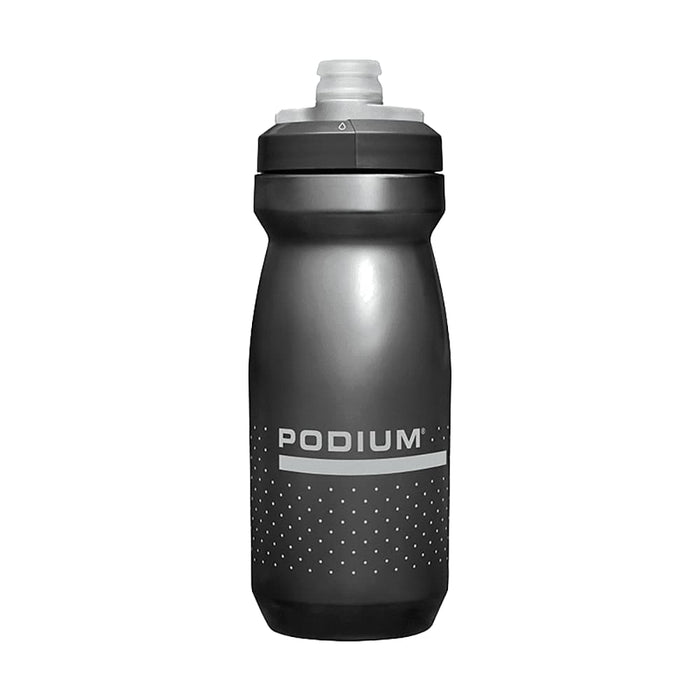 CamelBak Podium Bike Bottle 0.6L - Retail Colours - A drink bottle in grey with a sleek design, featuring a logo and a textured grip area.