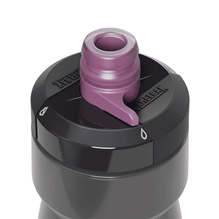CamelBak - Podium 0.7L - A drink bottle in dark grey with a purple cap and a spout, featuring a logo on the top.