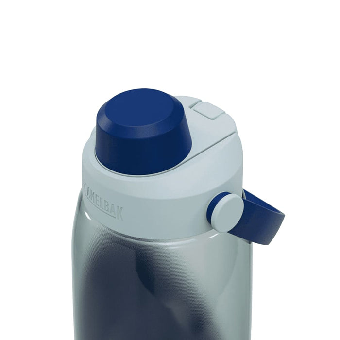 CamelBak - Thrive Chug 1.0L - A drink bottle with a grey body and blue lid, featuring a spout and a handle, with a logo on the cap.