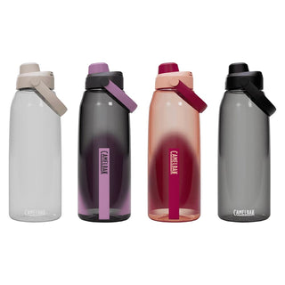 CamelBak - Thrive Chug 1.5L - A drink bottle in four colours: clear, purple, coral, and grey, featuring a flip-top lid and a logo.