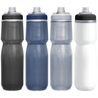 CamelBak - Podium Chill 0.7L - A drink bottle collection in black, dark blue, light blue, and white, featuring a brand logo.