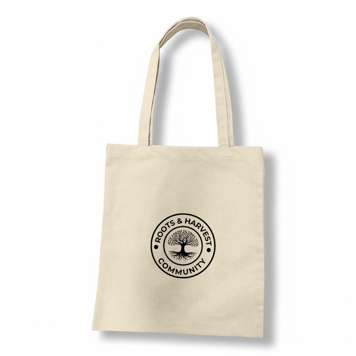 440gsm Kensington Recycled Cotton Tote Bag - A cream-coloured recycled cotton tote bag with a circular logo featuring a tree design and text.