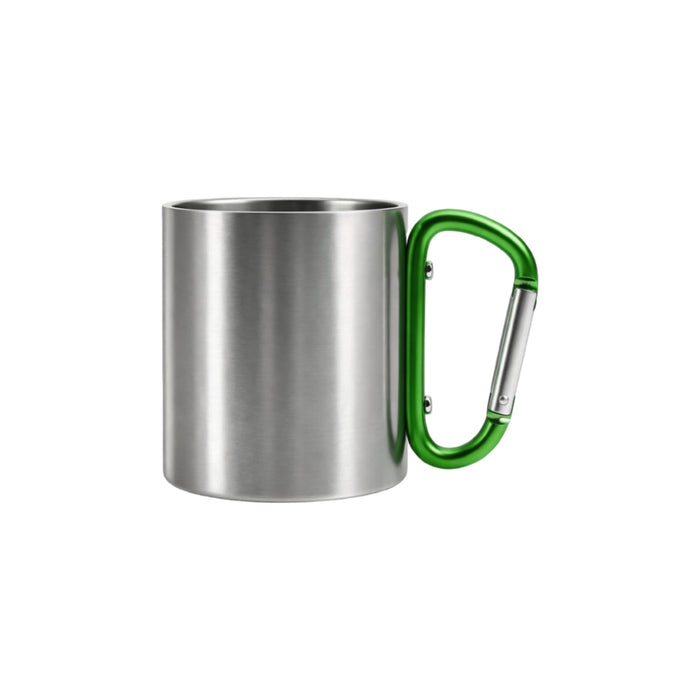 170ML/280ML Stainless Steel Insulated Travel Mug with Carabiner Handle - A stainless steel insulated travel mug featuring a green carabiner handle, with a smooth, shiny finish.