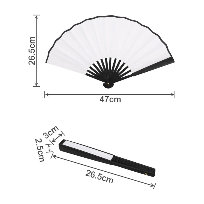 8inch Bamboo Fabric Hand Fan - An 8-inch bamboo fabric hand fan with white fabric and a black frame, folded and unfolded, featuring a logo.