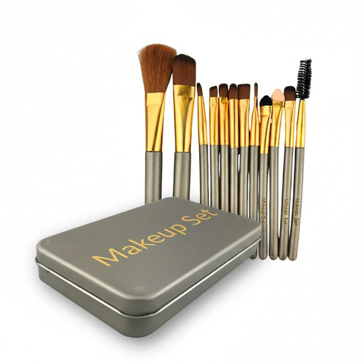 12-Piece Brush with Metal Box Set - A 12-piece brush set with golden bristles and a silver metal box for storage. The set includes various brush types.