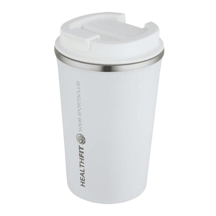 Carry Cup Newport Double Wall Vacuum Tumbler - 350ml - A drink bottle with a double wall design, featuring a white exterior, stainless steel rim, and a lid. Includes a logo.