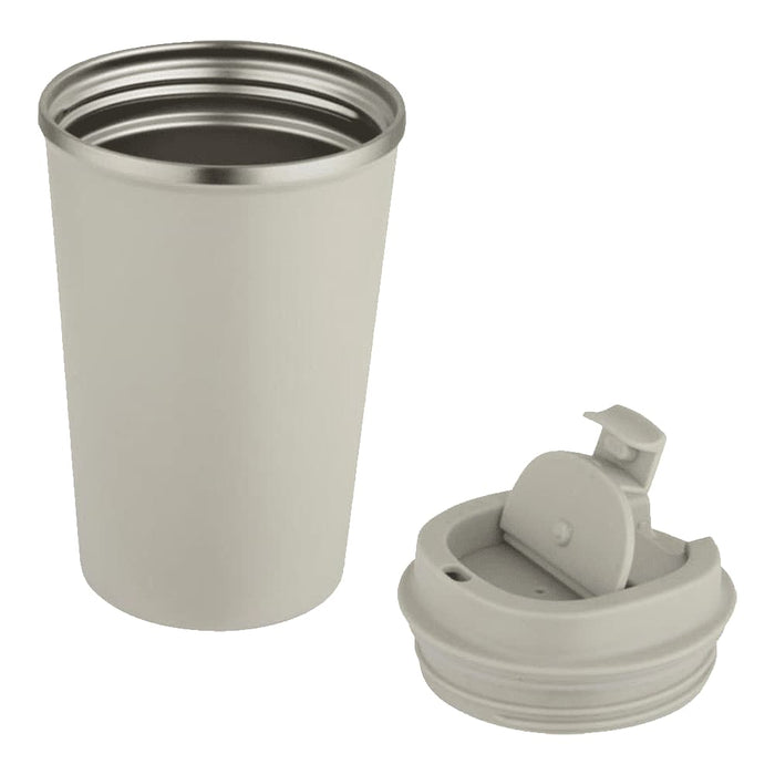 Carry Cup Newport Double Wall Vacuum Tumbler - 350ml - A drink bottle in a light grey colour with a removable lid and stainless steel rim. It features a logo.