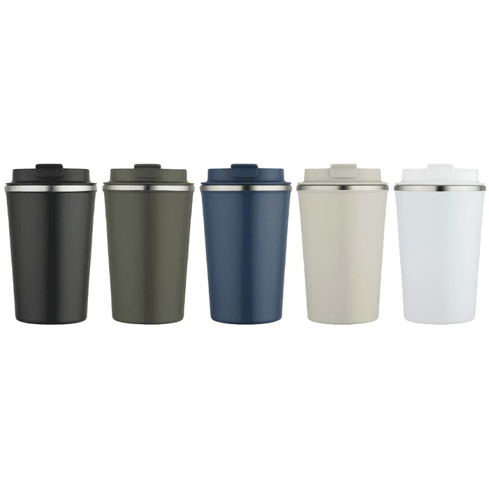 Carry Cup Newport Double Wall Vacuum Tumbler - 350ml - A drink bottle collection featuring five double wall vacuum tumblers in black, olive green, navy, beige, and white, each with a lid.