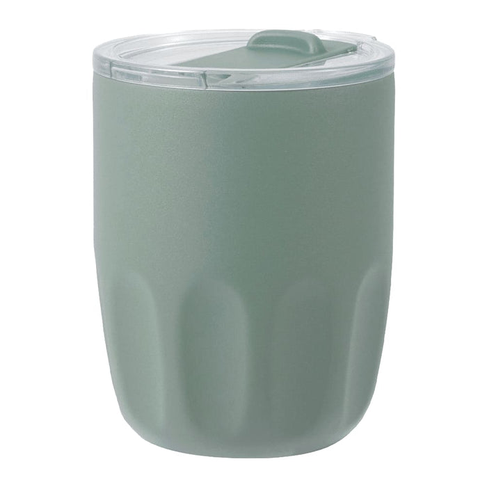 Carry Cup Olla Vacuum Coffee Cup w/ Ceramic Liner - 300ml - A drink bottle in soft green with a clear lid, featuring a curved design and a logo on its surface.
