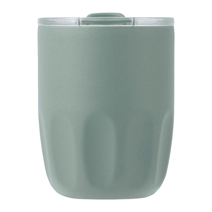 Carry Cup Olla Vacuum Coffee Cup w/ Ceramic Liner - 300ml - A drink bottle in a muted green colour with a transparent lid and a textured body. Features a logo.
