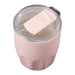 Carry Cup Olla Vacuum Coffee Cup w/ Ceramic Liner - 300ml - A drink bottle featuring a pink exterior and a clear lid with a sliding opening mechanism. It has a logo on the side.