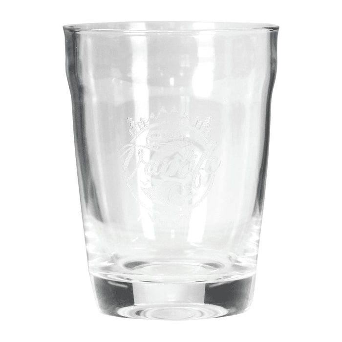 Glass Carry Cup - A glass cup with a clear design and an engraved logo on the front, featuring a rounded shape.