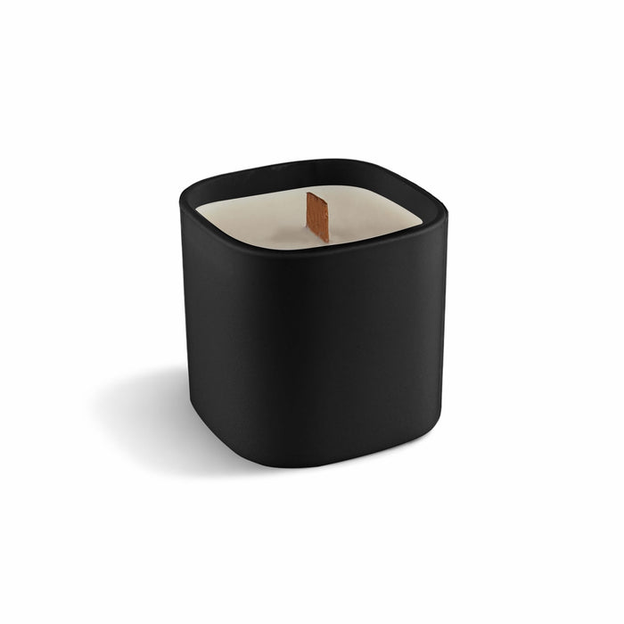 Premium Square Glass Candle - A premium square glass candle in a sleek black container with a wooden wick.
