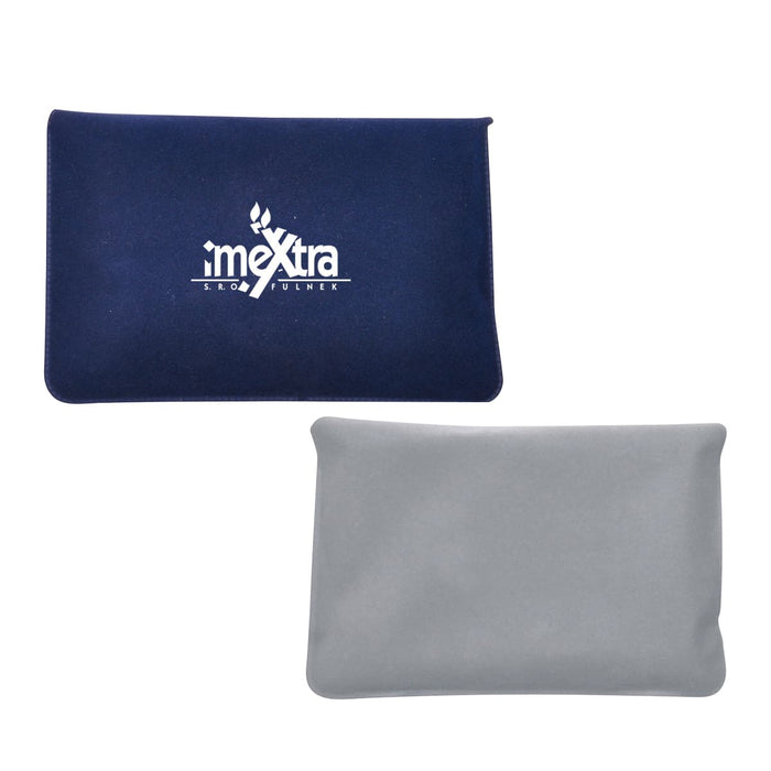 Inflatable travel Pillow - A navy and grey inflatable travel pillow with a logo on one side, featuring a soft texture.