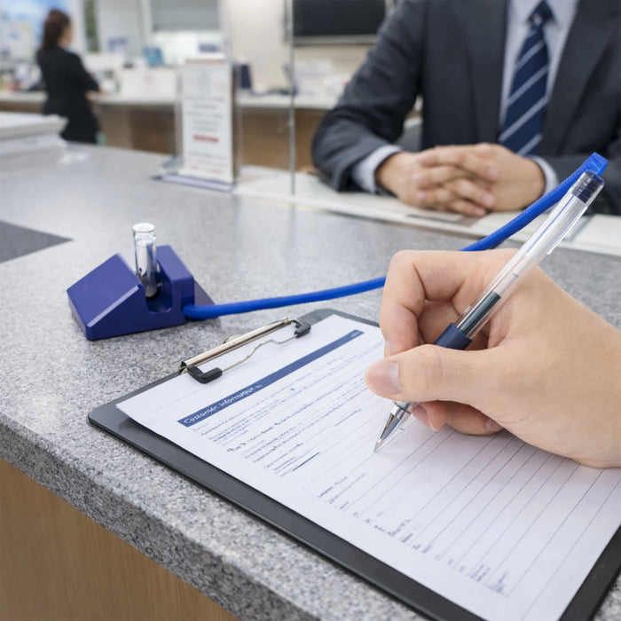 Counter Fixed Signature Pen A - A blue fixed signature pen with a clear grip is placed on a grey countertop beside a clipboard and a hand writing.